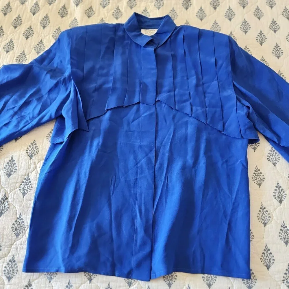 Francesca of Damon Royal Blue 100% SILK Pleated Blouse Vintage 80s 6 - Picture 12 of 16